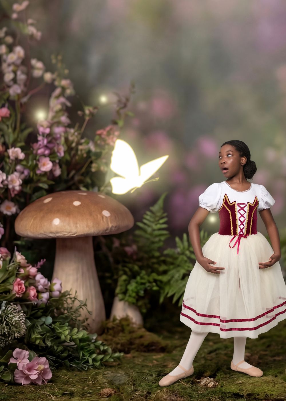 Young ballet dancer in red and white costume poses in enchanted forest with glowing butterfly and mushroom.