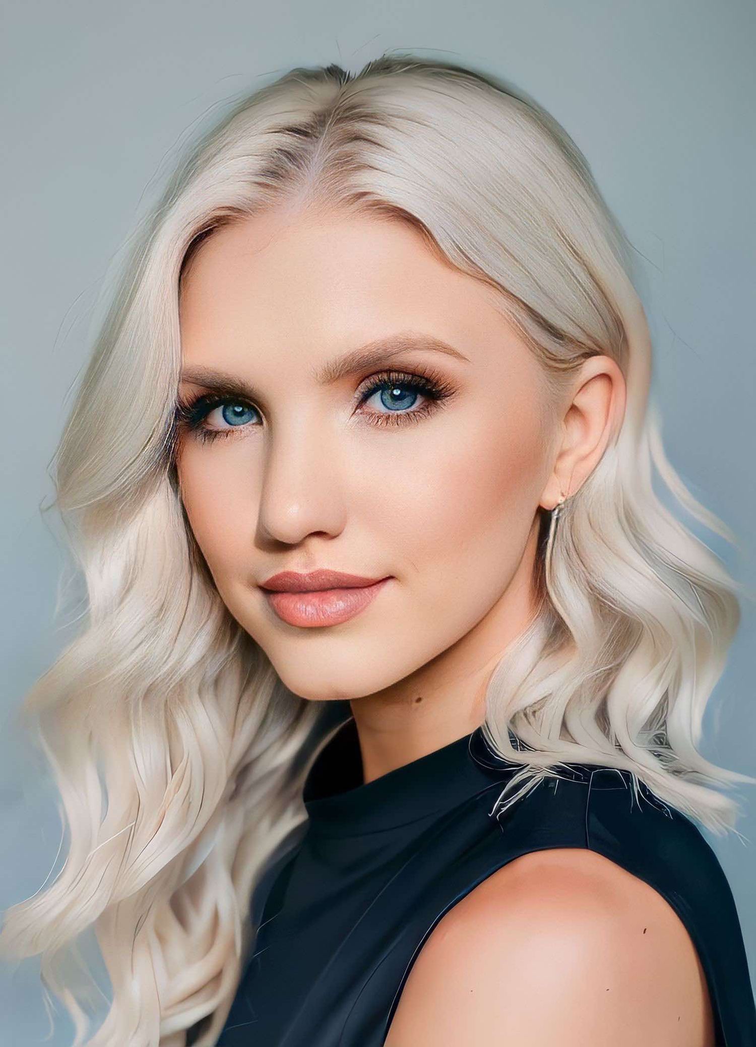 Professional beauty headshots with platinum blonde hair against neutral background.