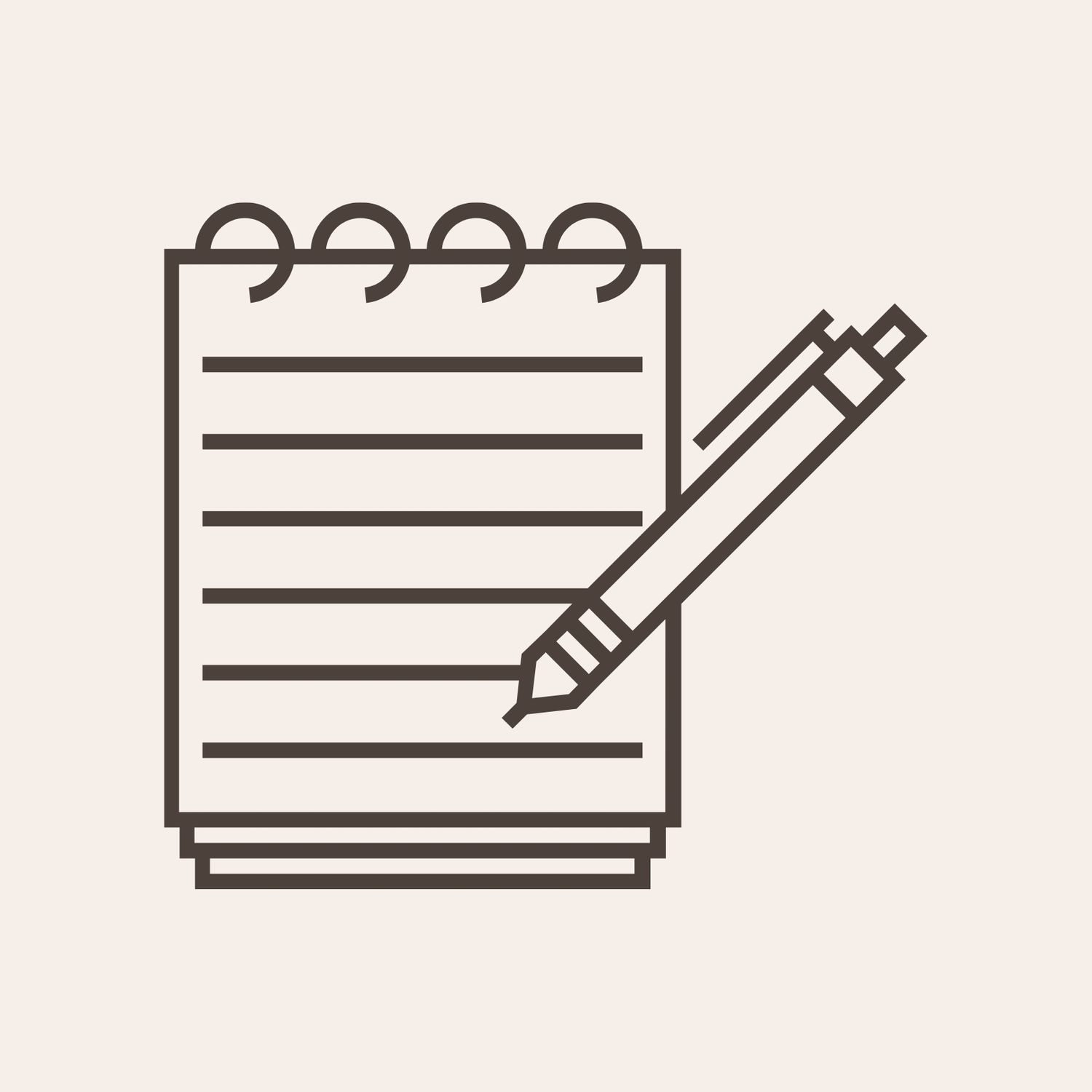 Simple line drawing of a note pad and pen with minimalist design on a light beige background.