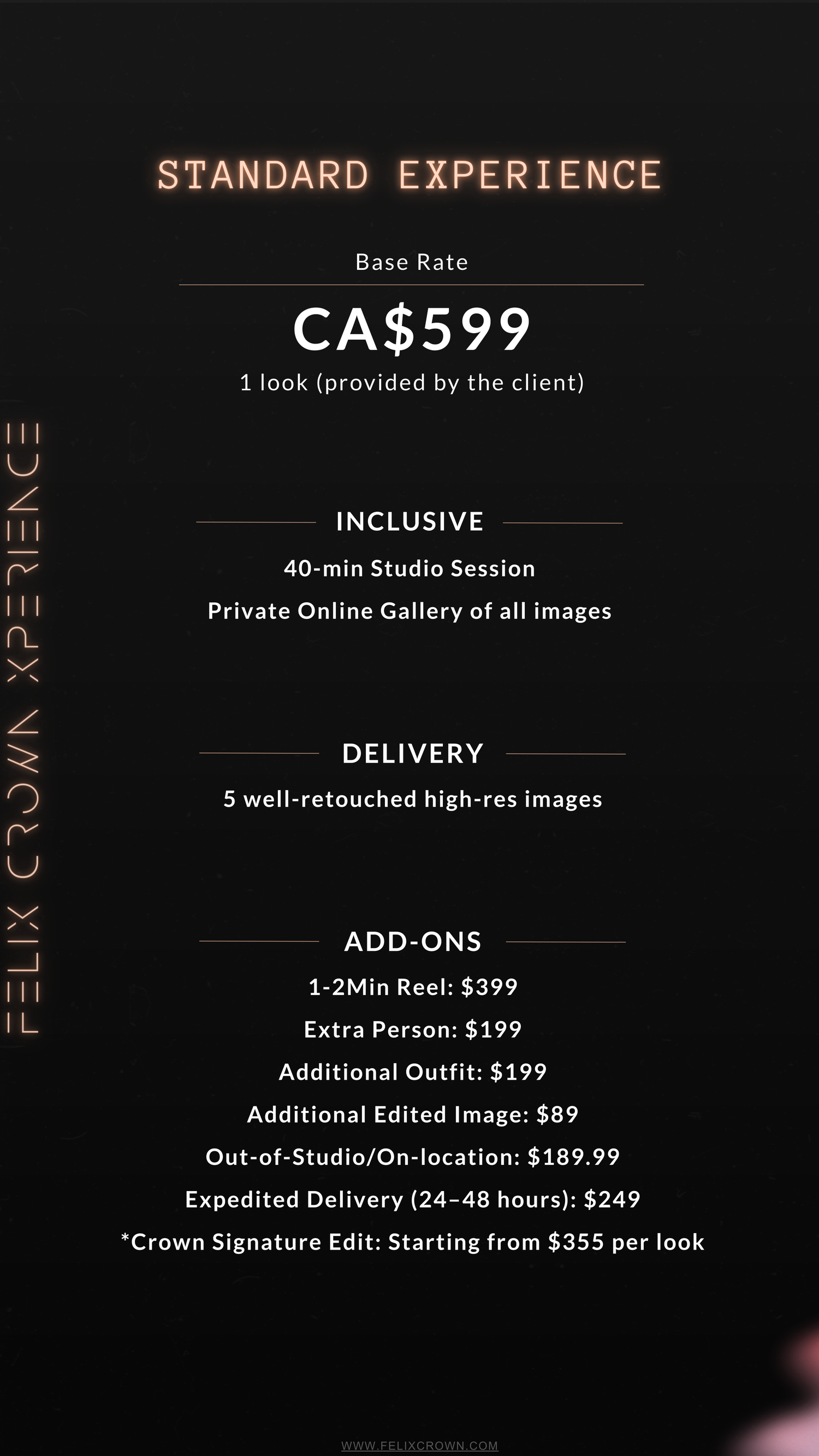 Standard Experience photo session pricing menu with bronze text on black background.