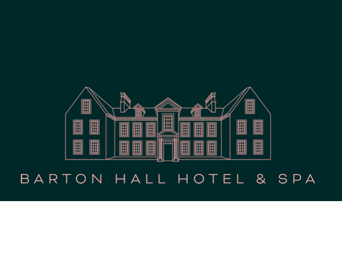 The Barton Hall Hotel & Spa logo features a dark green background with a simplified architectural design of a grand manor house.