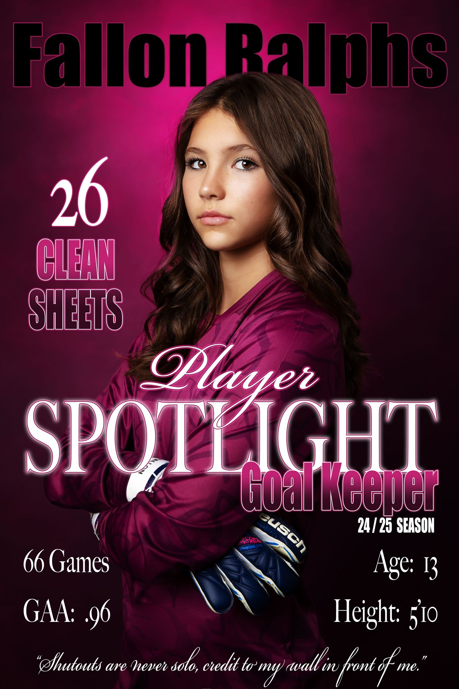 Soccer player profile banner design in purple and black with performance statistics.