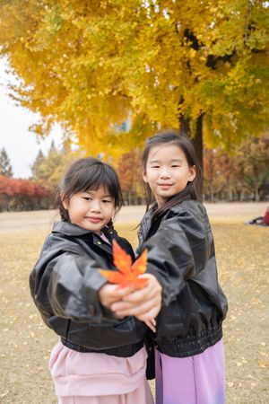 Two children in black jackets playing together under golden autumn trees.