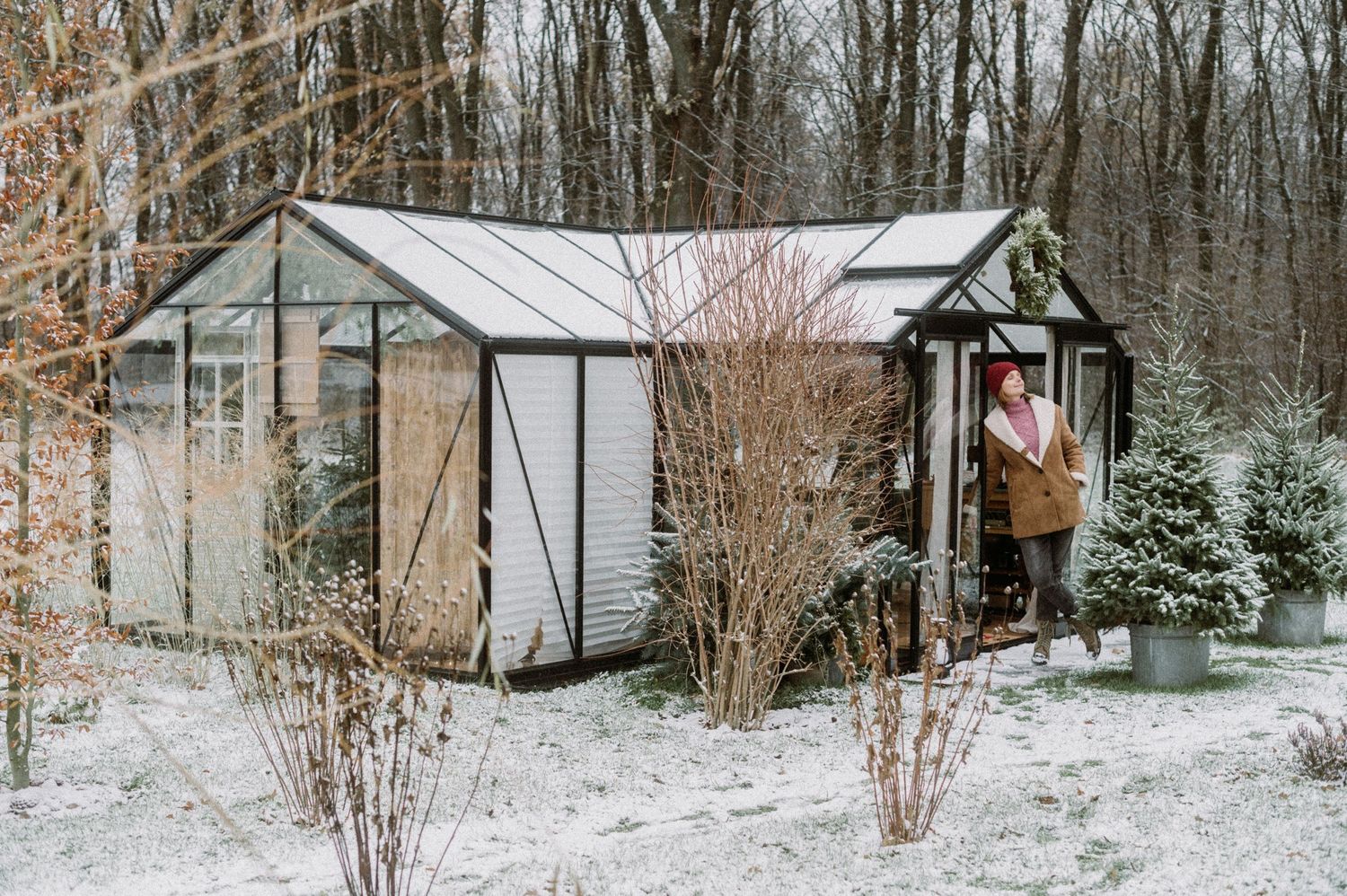 Winter garden scene with two glass greenhouses surrounded by snow-covered trees and bare shrubs in a forest setting.