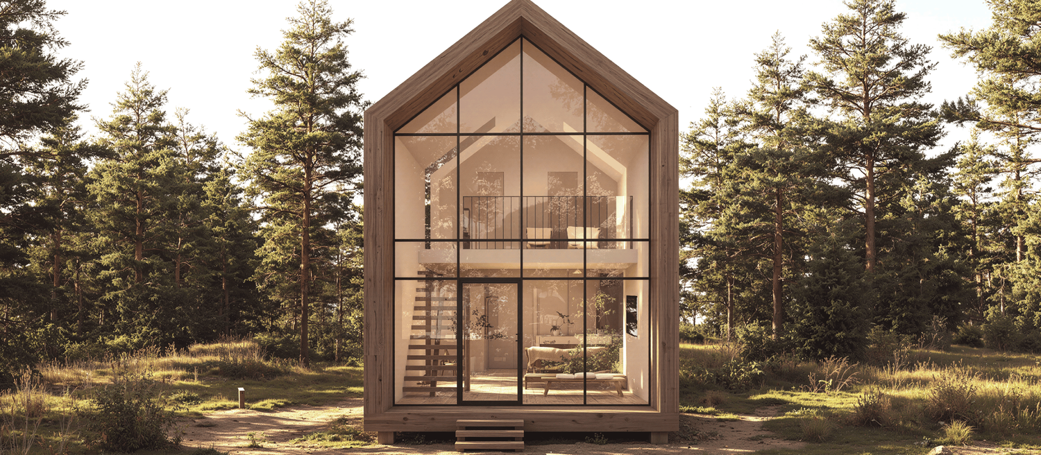Modern Nordic-style cabin with large glass windows nestled among tall evergreen trees in a serene forest setting.