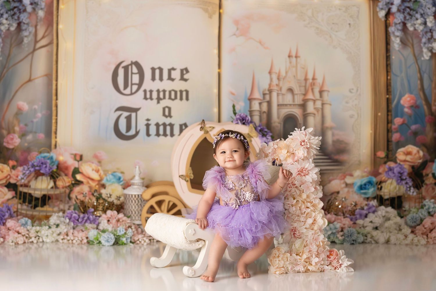 Vintage fairytale book illustrations arranged in sequence show delicate flowers and ornate castle settings in muted colors.