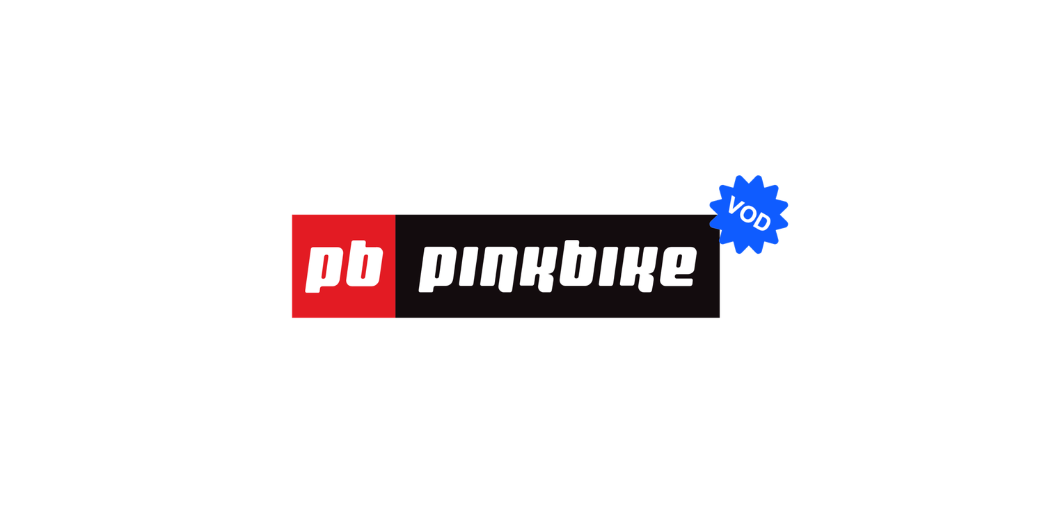 Pinkbike red and black logo design with blue starburst icon in corner.