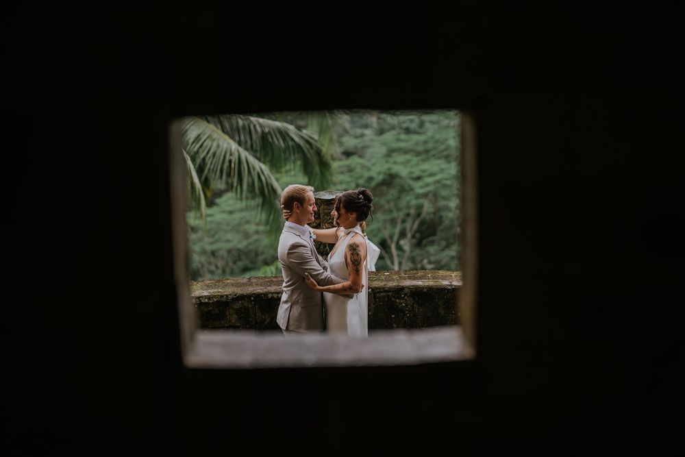 Dark framed window views of a tropical garden setting.