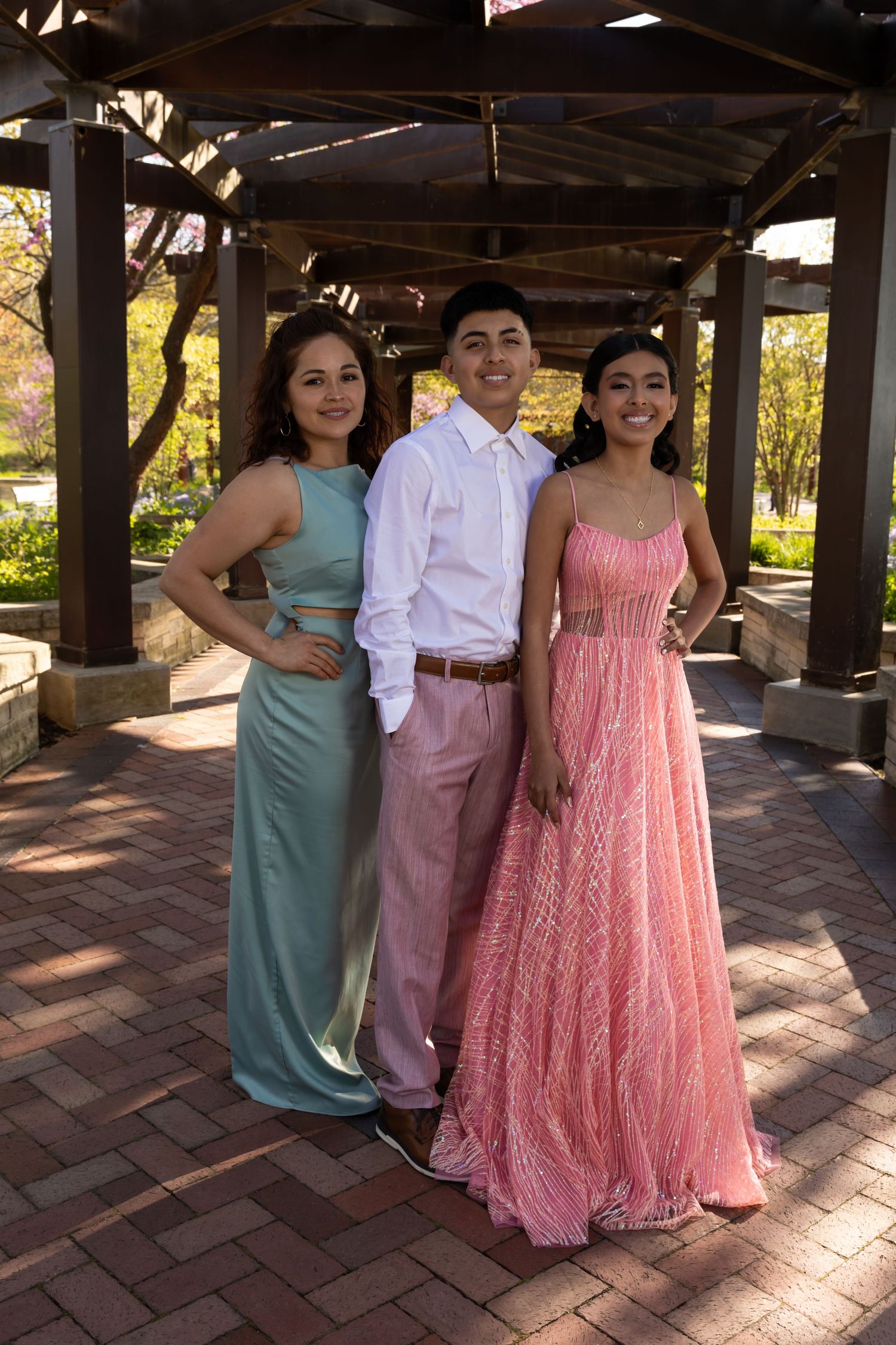 Family of three posing in formal attire at Independence Grove Park. High-end family portraiture in Lake County by Alex T Photography.