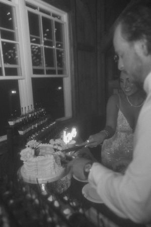 A black and white photo sequence showing a birthday cake being served and enjoyed at a nighttime gathering.