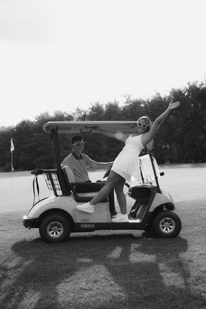Three black and white photos show golf carts parked on grass with people relaxing in casual settings.