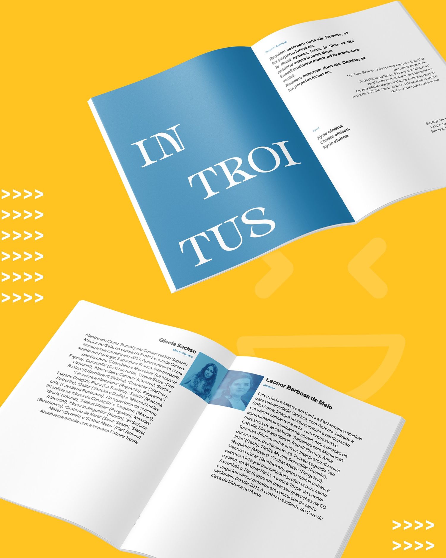Open book spread showing 'IN TROI TUS' typography design on yellow background.