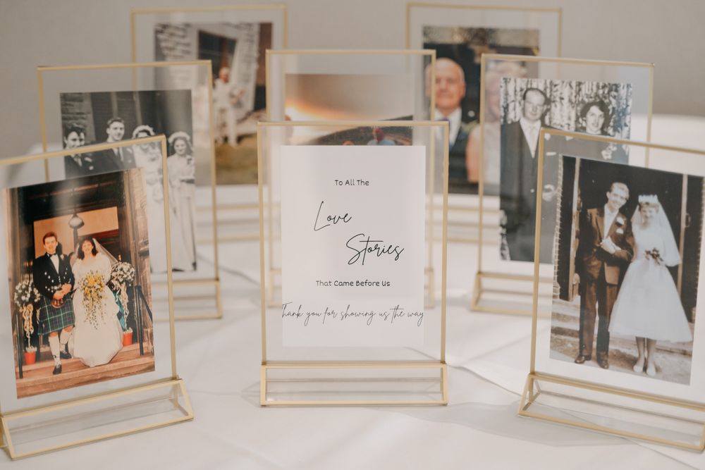Wedding photo album layout with framed pictures and memories in soft golden tones.