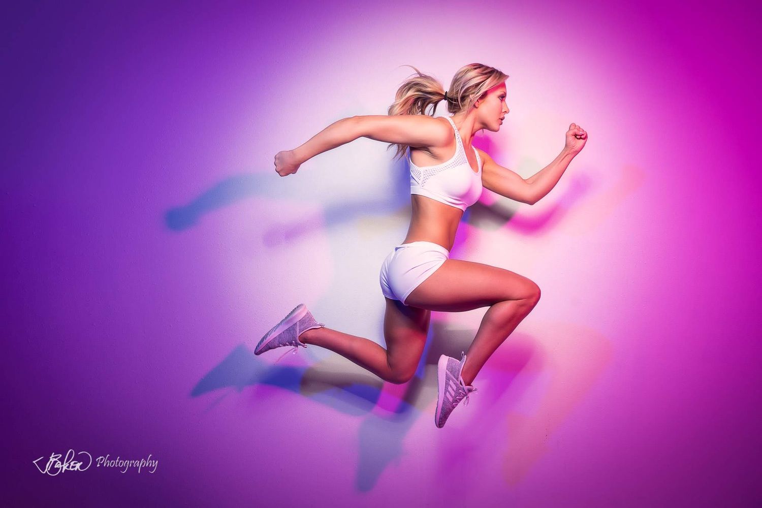 A dynamic figure leaps gracefully across a vibrant purple backdrop in a series of athletic motion shots.