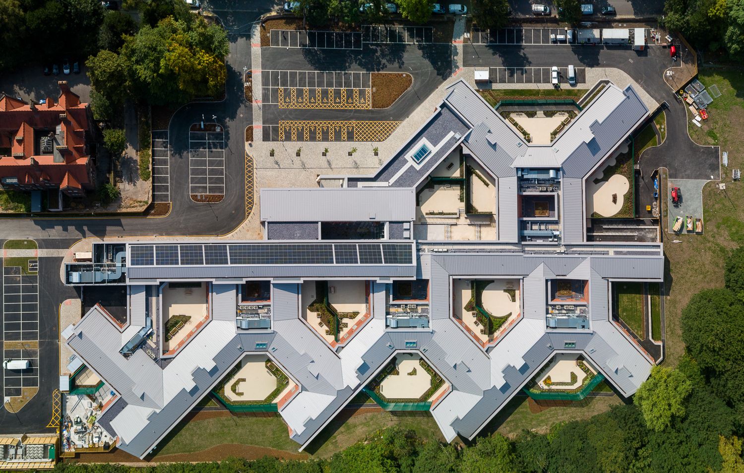 Architectural drone photograph of exterior of Mossley Hill Hospital Liverpool Aerial birds eye View