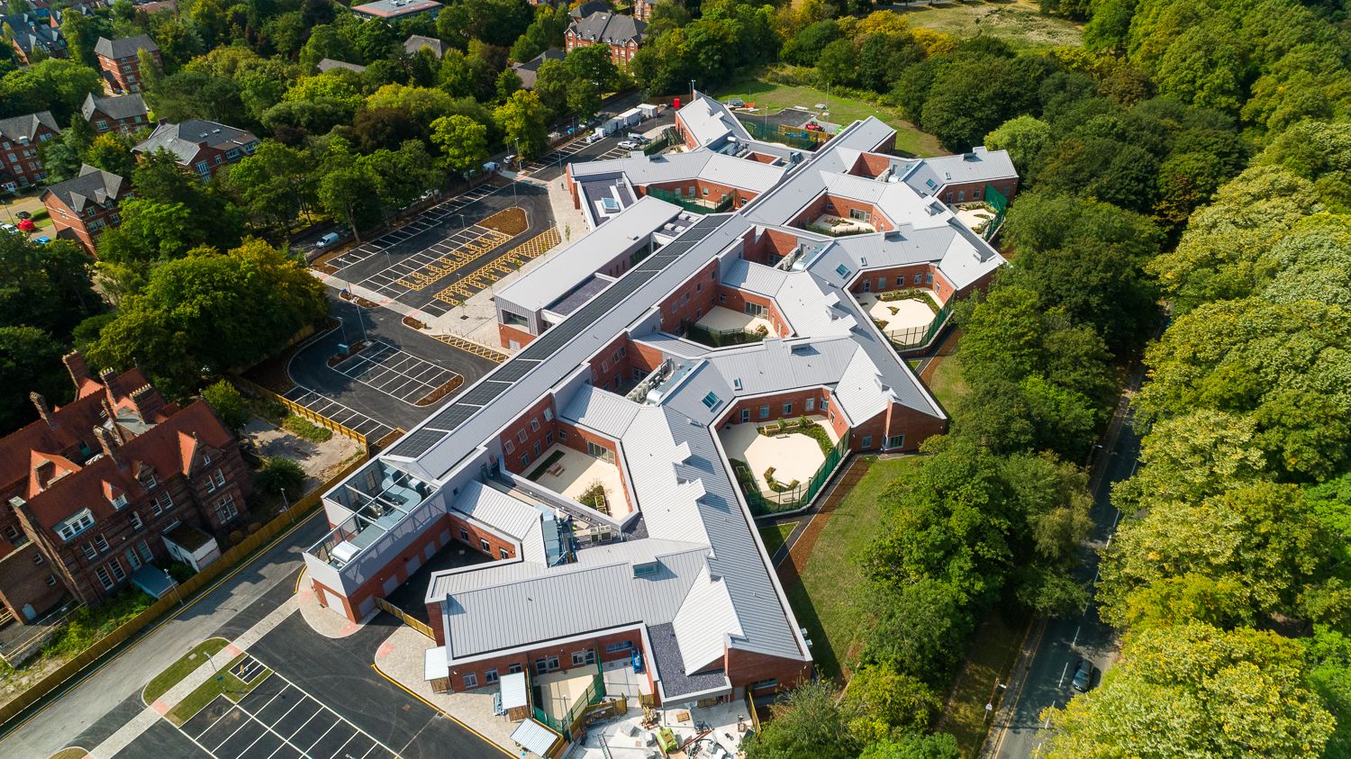 Architectural Drone photograph of exterior of Mossley Hill Hospital Liverpool