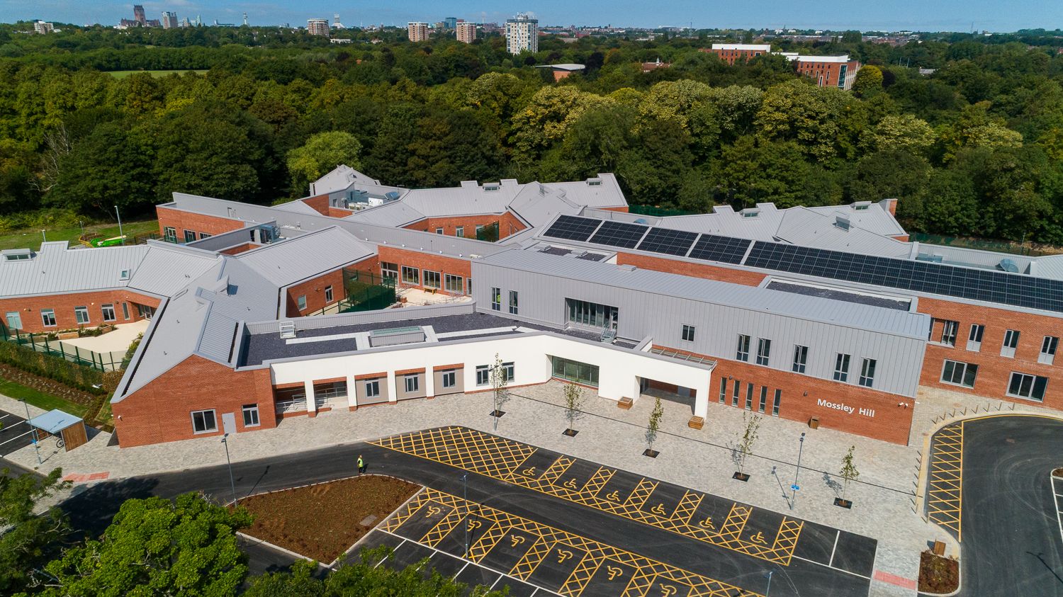 Architectural Drone photograph of exterior of Mossley Hill Hospital Liverpool