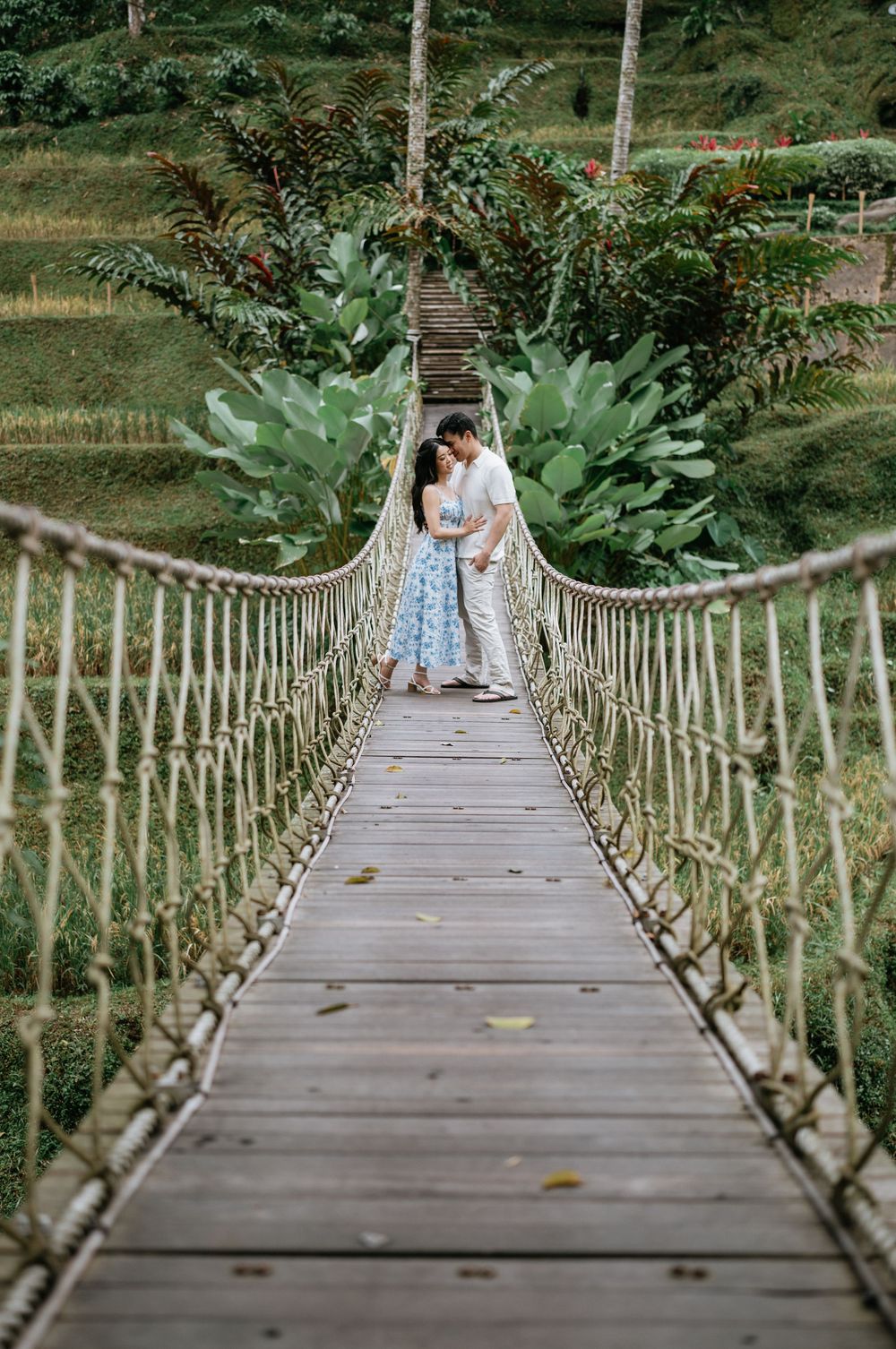 A romantic moment captured on a wooden rope bridge surrounded by lush tropical foliage.