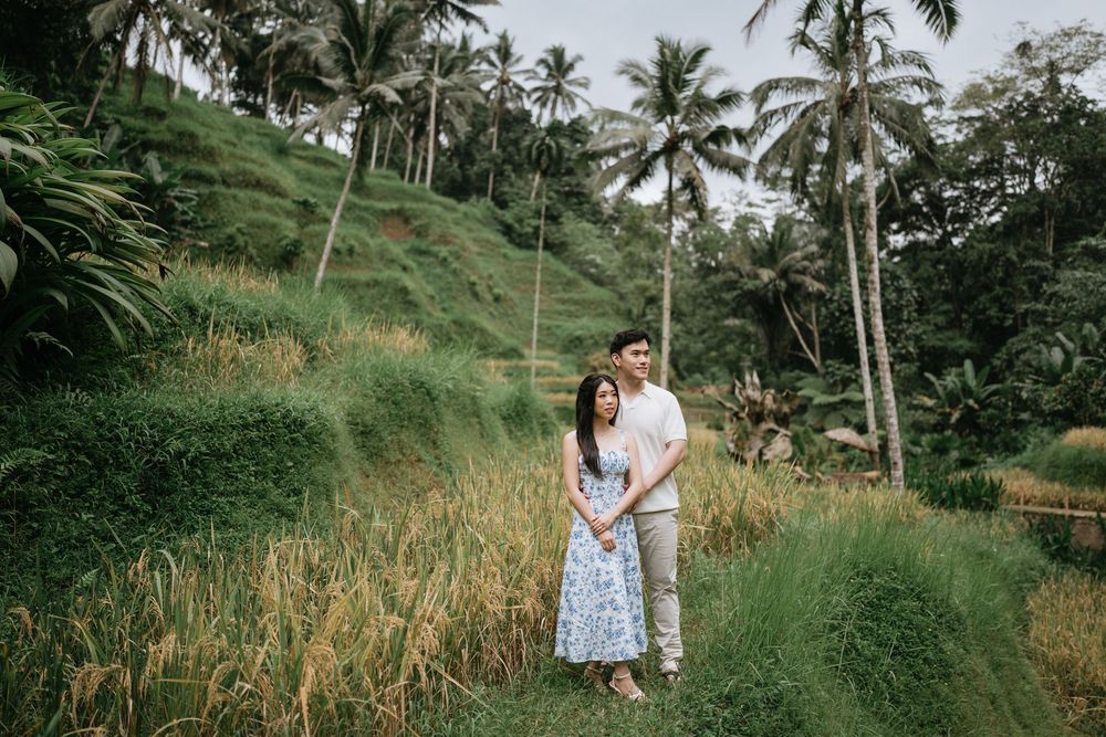 A romantic portrait amidst palm trees and tall grass in a tropical setting.