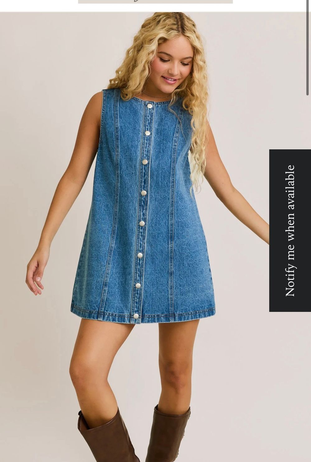 Retro denim button-down flared mini dress styled with tall brown boots in multiple modeling poses.