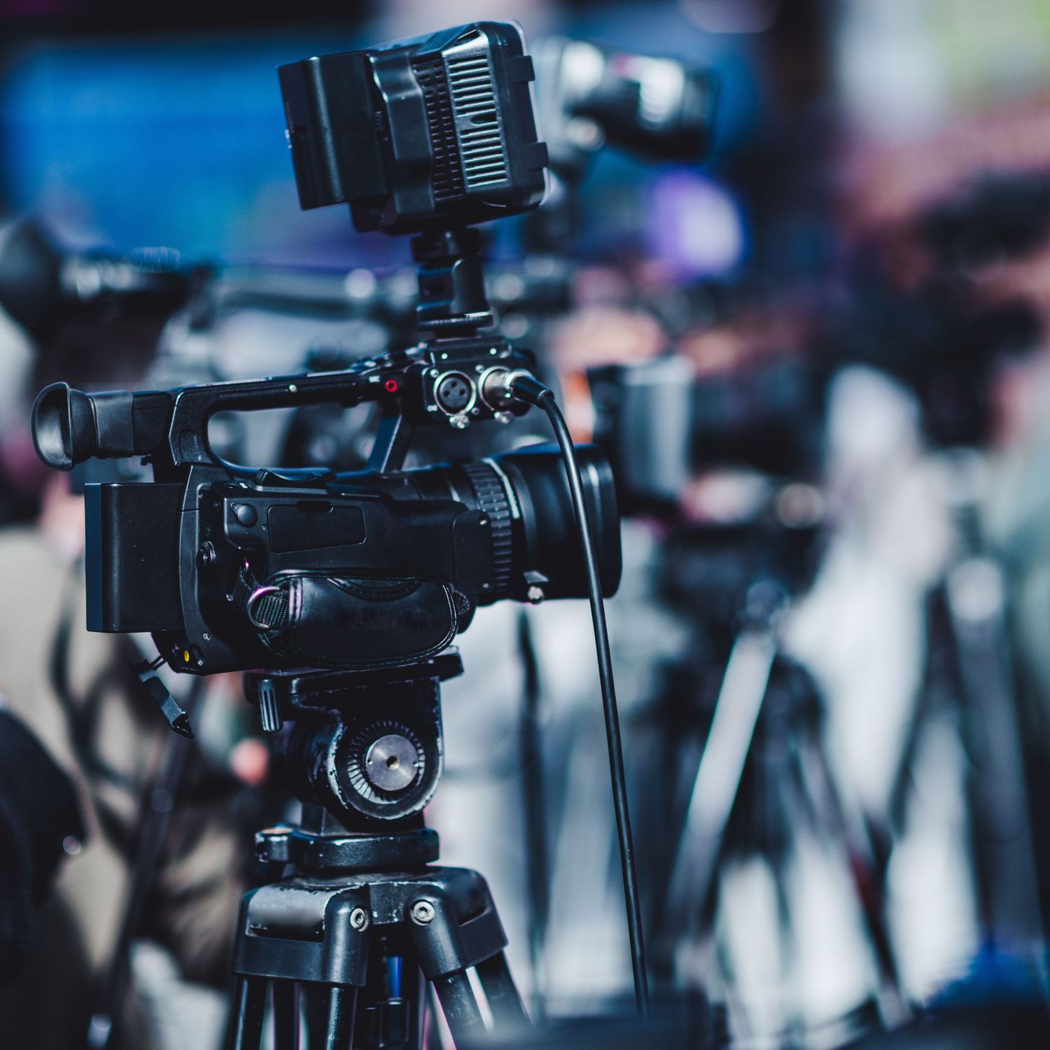 Professional video camera mounted on tripod with LED light attachment against blurred background.