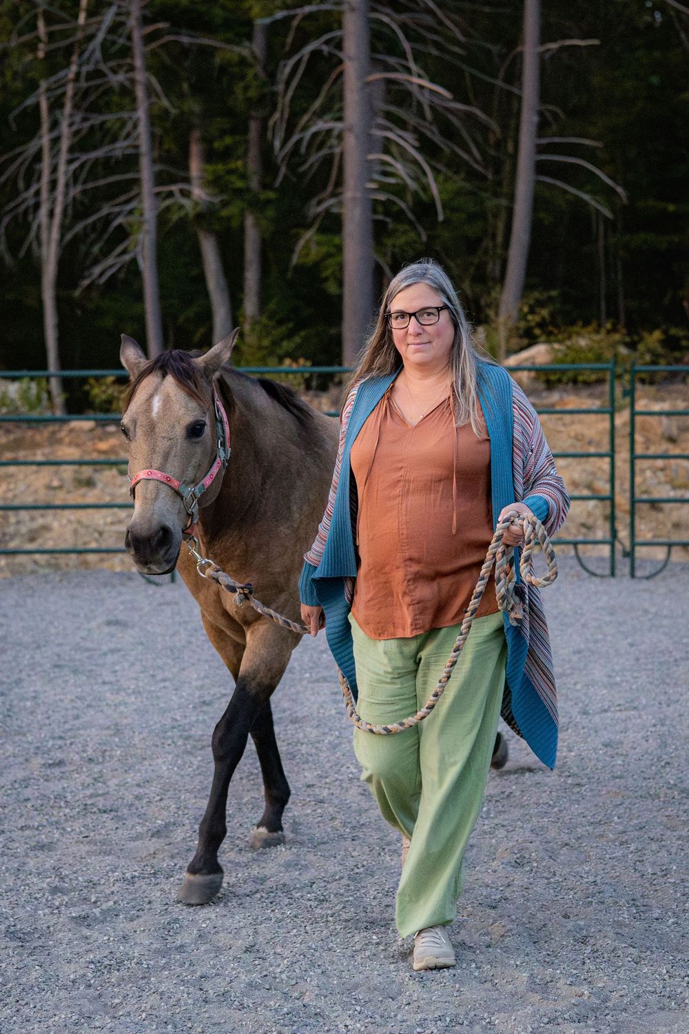 A person in casual attire leads a dark-colored horse with a halter in a fenced riding arena at dusk.