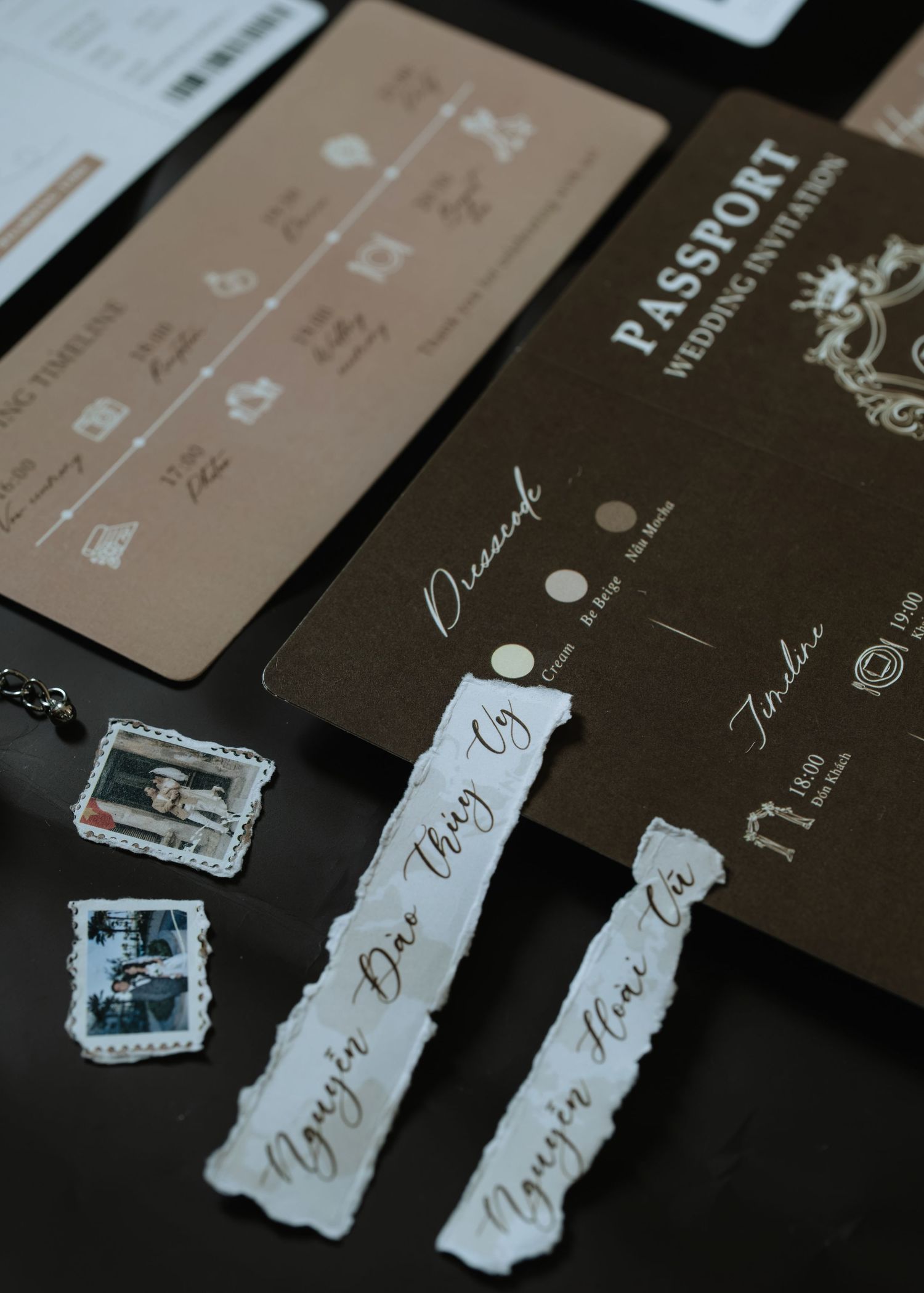 Passport-themed wedding invitation suite with calligraphy name tags, vintage stamps, and travel timeline design.