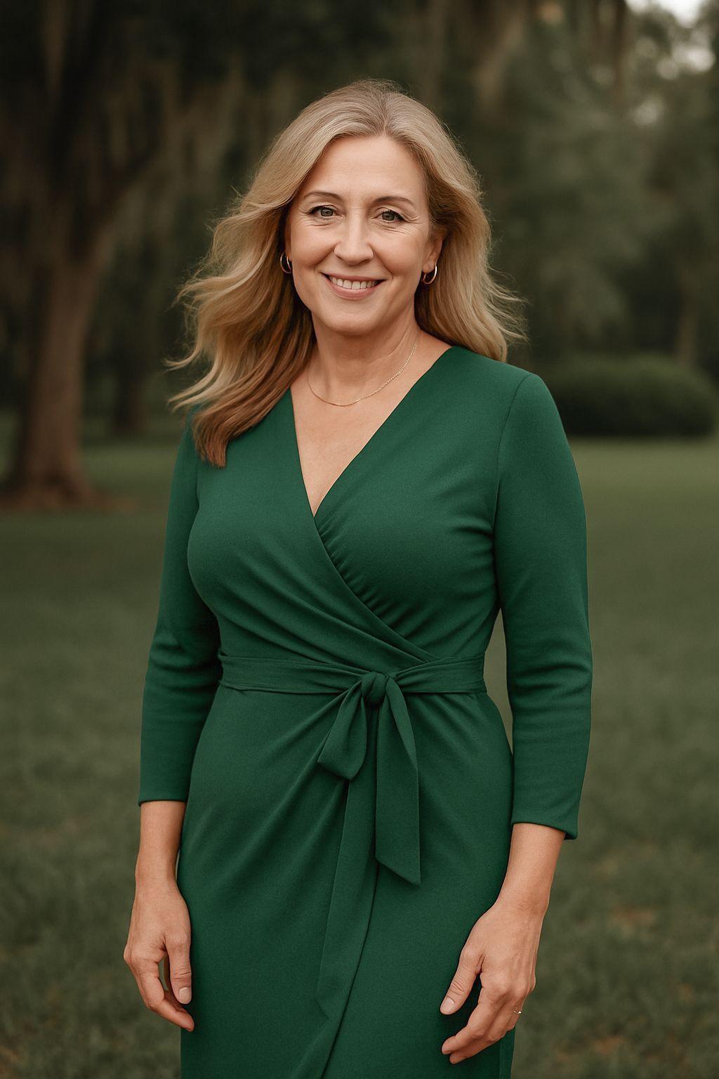 A series of photos showing a person in an elegant emerald green wrap dress posing outdoors in a natural setting.