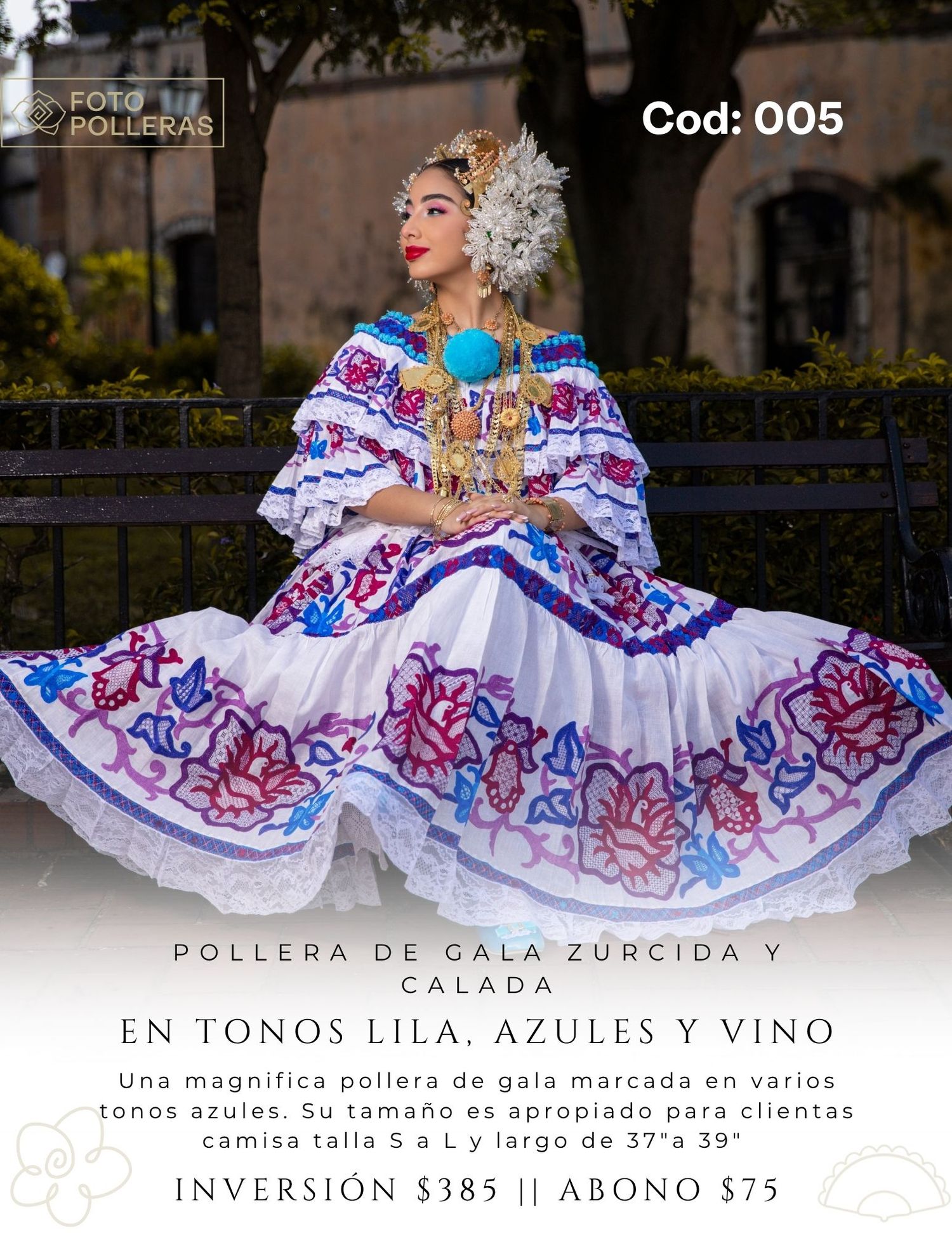 mujer en pollera panamaña y detras un arbol de guayacan en floracion amarilla