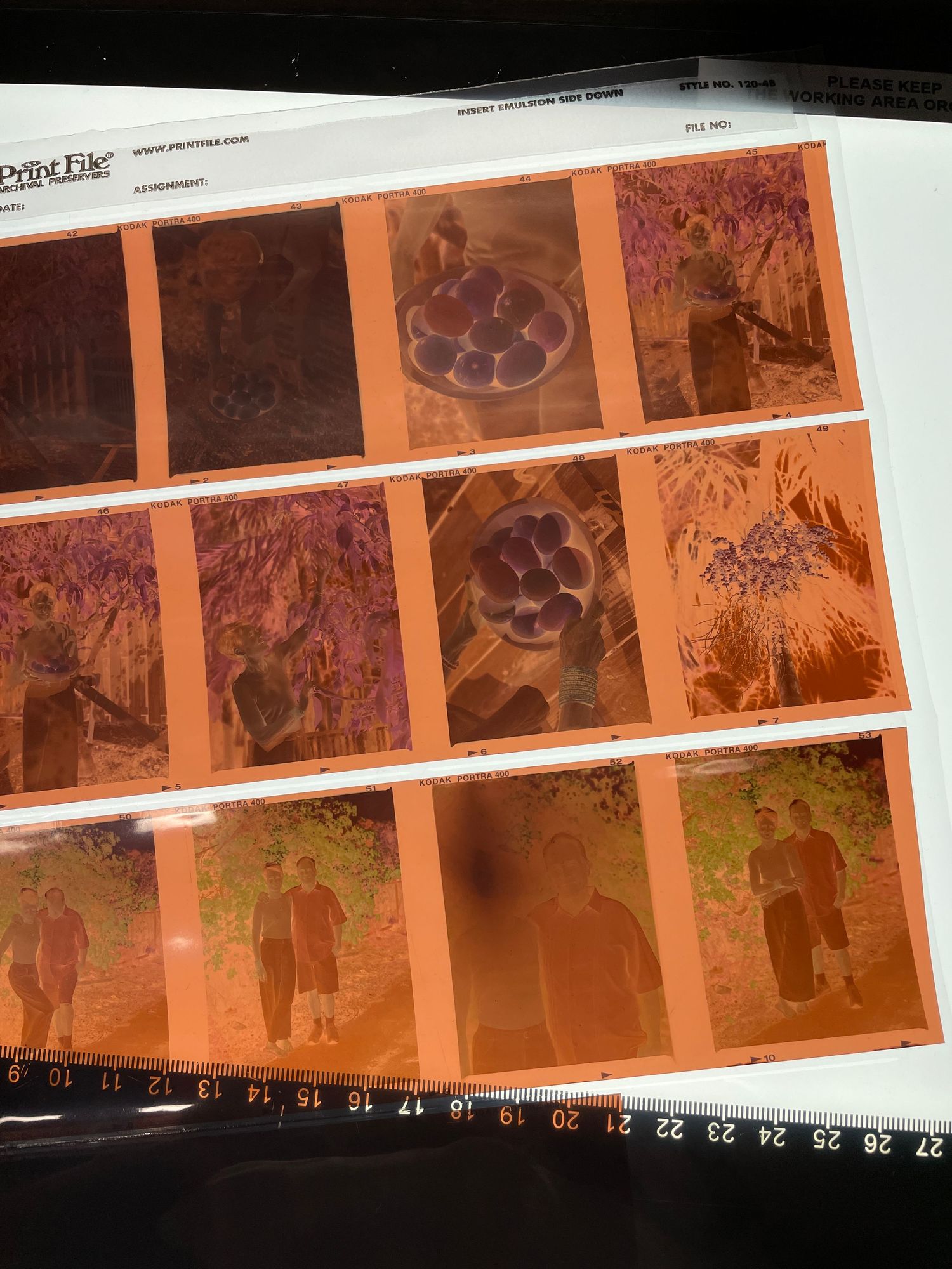 Orange-tinted film negatives arranged in sequential strips showing various scenes.