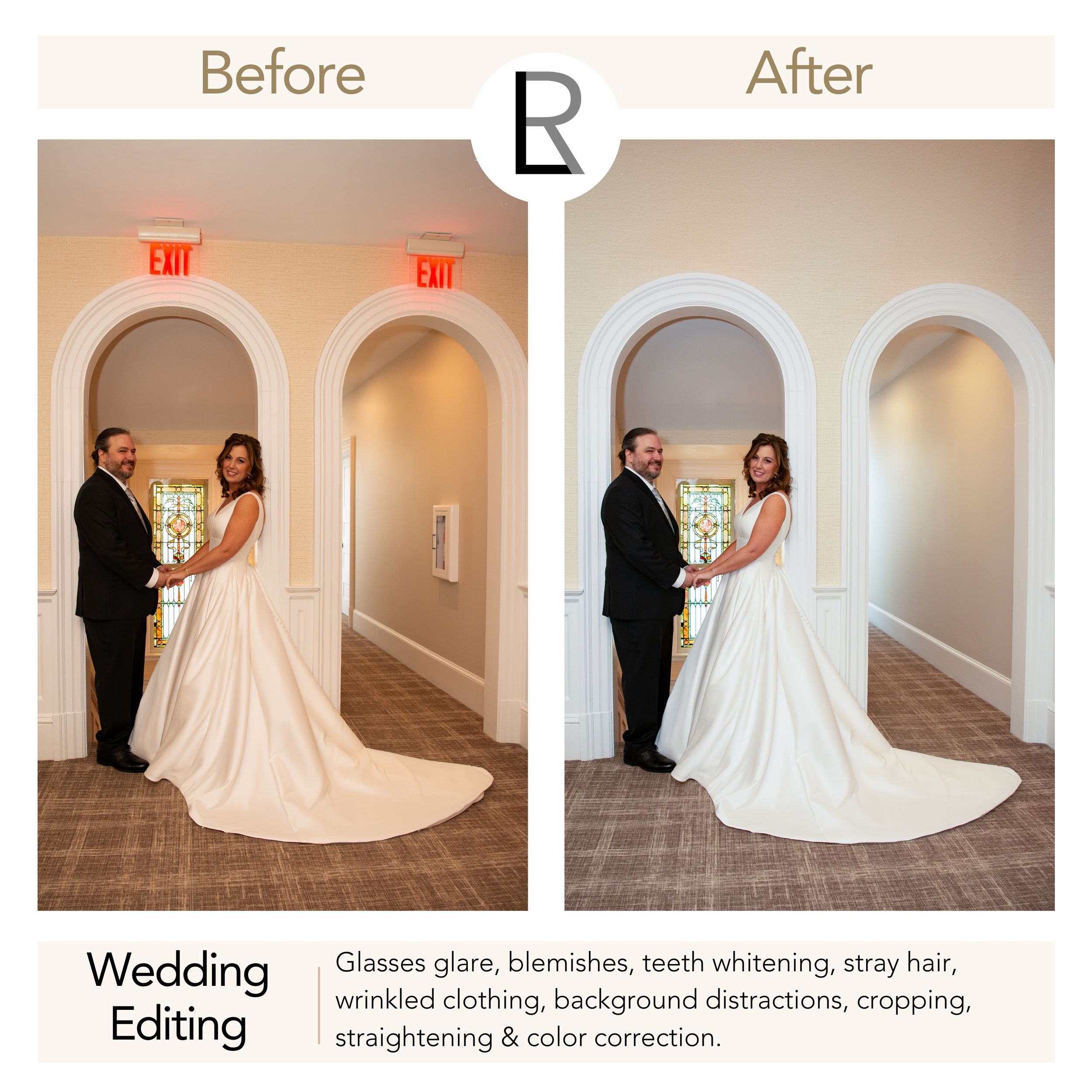 Wedding photography editing with vibrant, true to life colors. And without any emergency exit signs, background distractions, or blemishes.