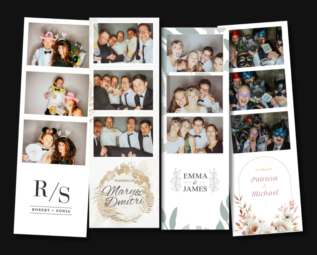 A lively photo booth scene shows a group posing together with props including a paper fan and silly expressions.