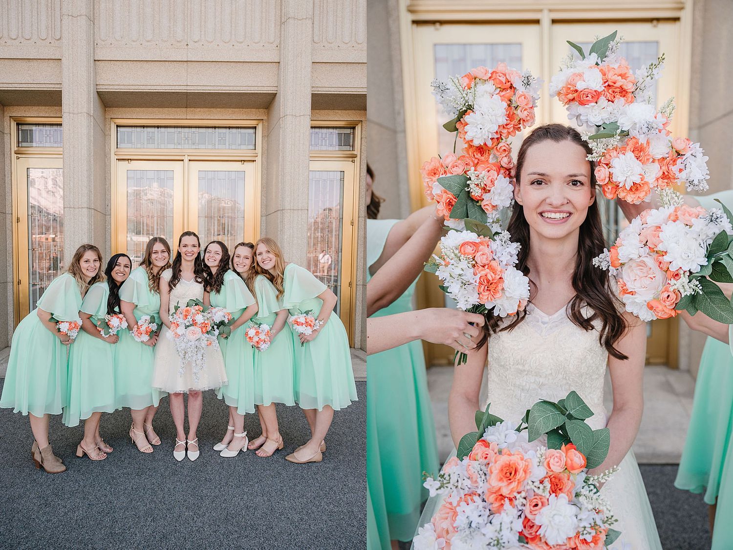 Wedding party posed in mint green bridesmaid dresses and coral floral bouquets outside an elegant venue.