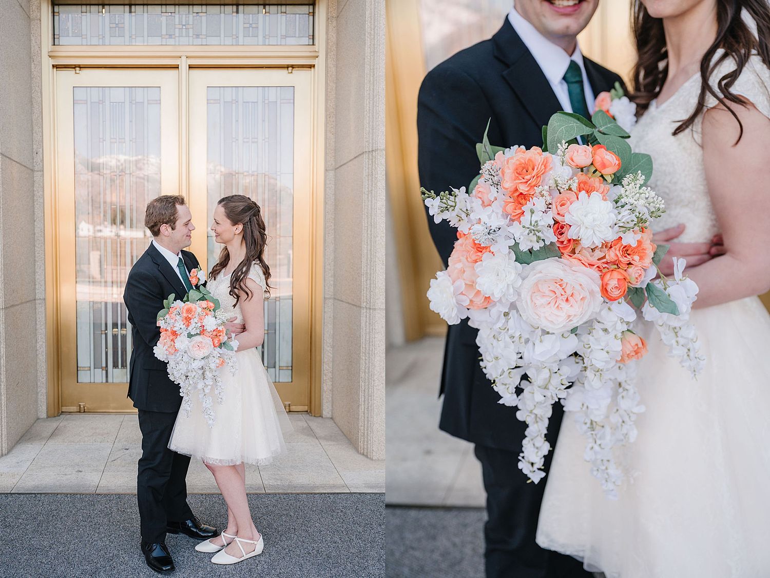 Wedding couple poses romantically in an elegant doorway with a peach and white floral bouquet.