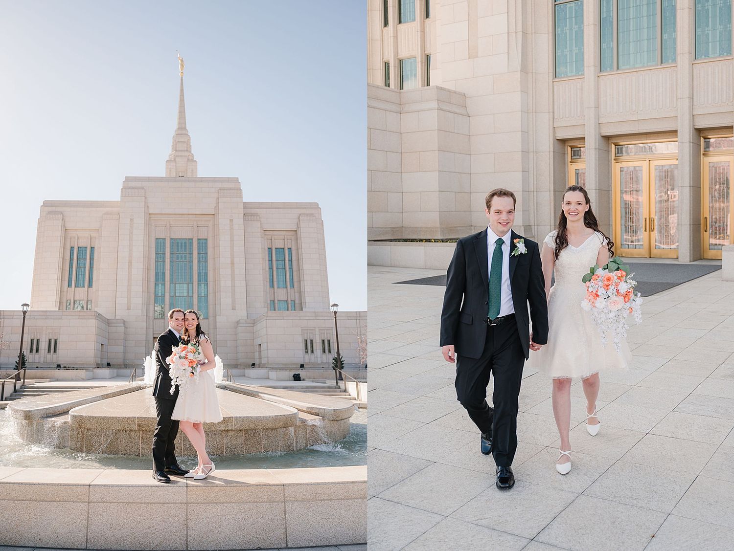Couple photographed outside a beautiful white stone temple with spire architecture.