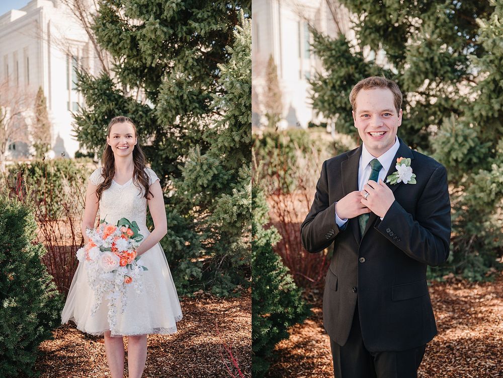 A bride and groom in wedding attire pose separately in front of trees and white building on their special day.