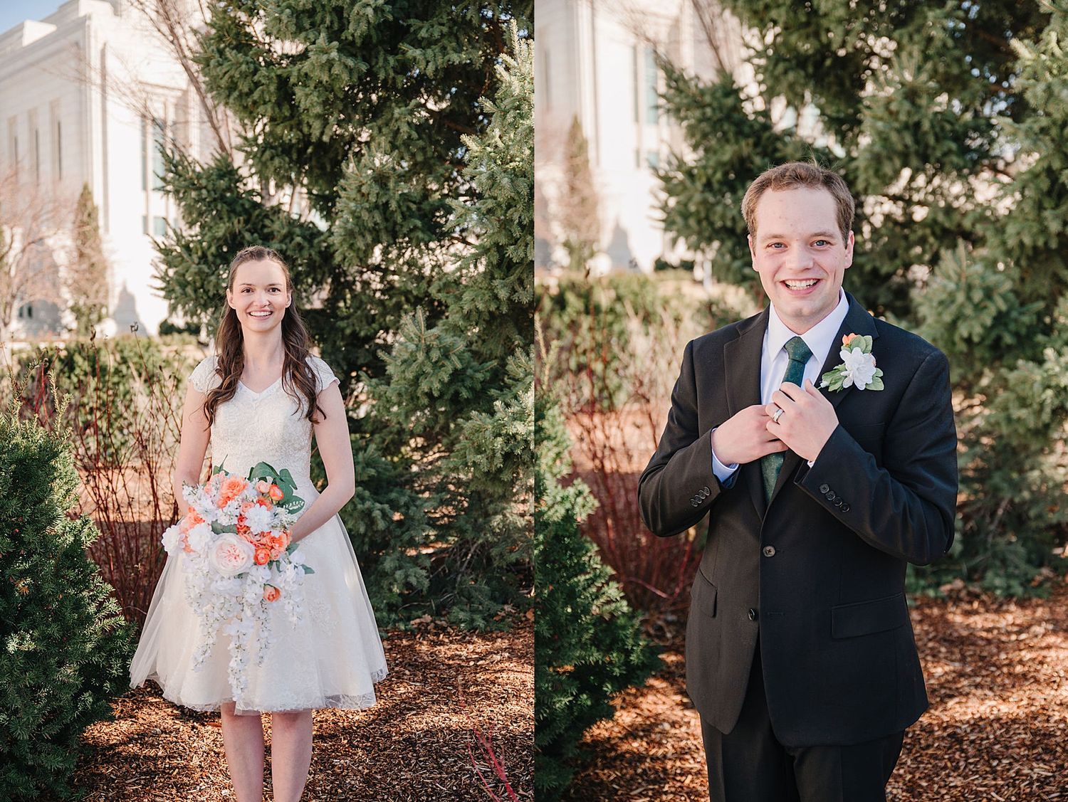 A bride and groom in wedding attire pose separately in front of trees and white building on their special day.