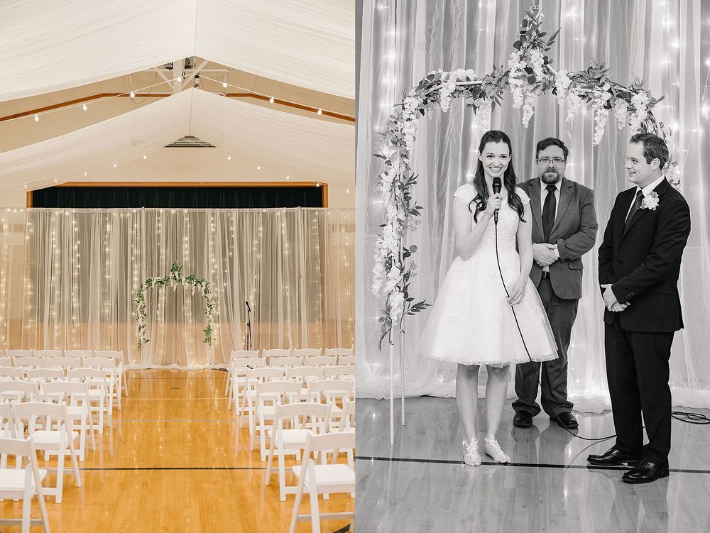 Side by side wedding ceremony views showing an elegant indoor reception hall with rows of white chairs and floral arch lighting.