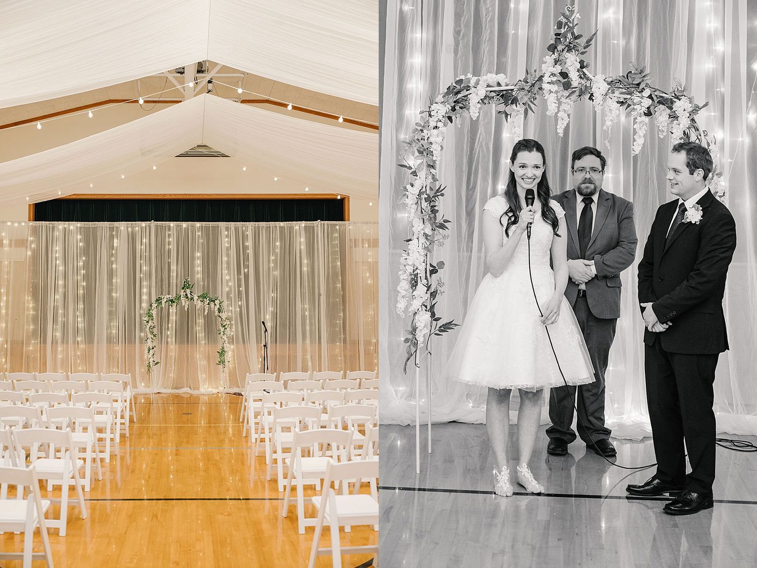 Side by side wedding ceremony views showing an elegant indoor reception hall with rows of white chairs and floral arch lighting.