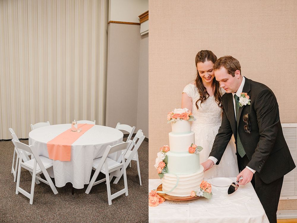 Wedding reception venue with coral table linens and white chairs beside a couple cutting their elegant coral-decorated cake.