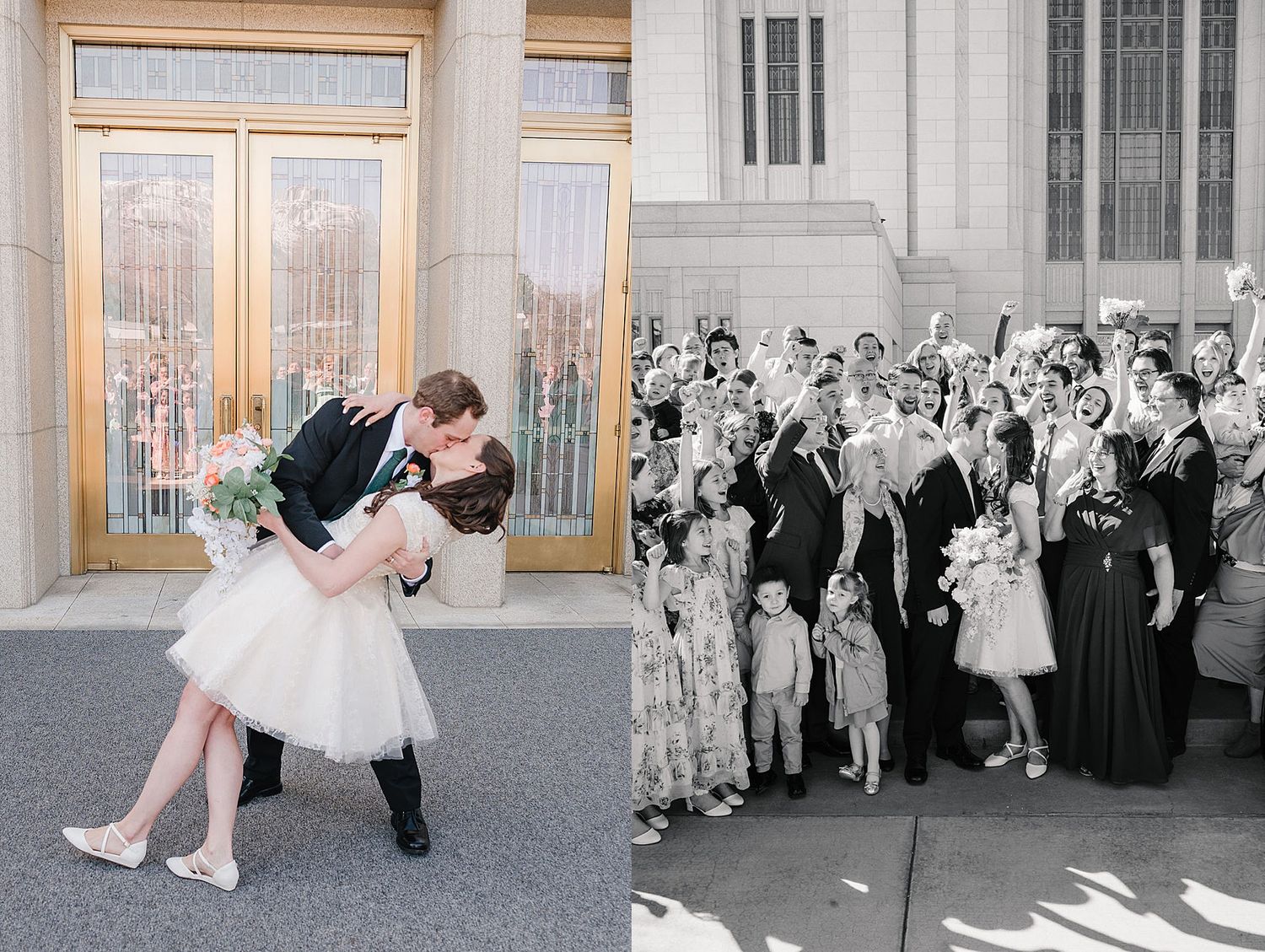 Vintage and modern wedding photos showing celebrations outside a grand building with classic architecture.
