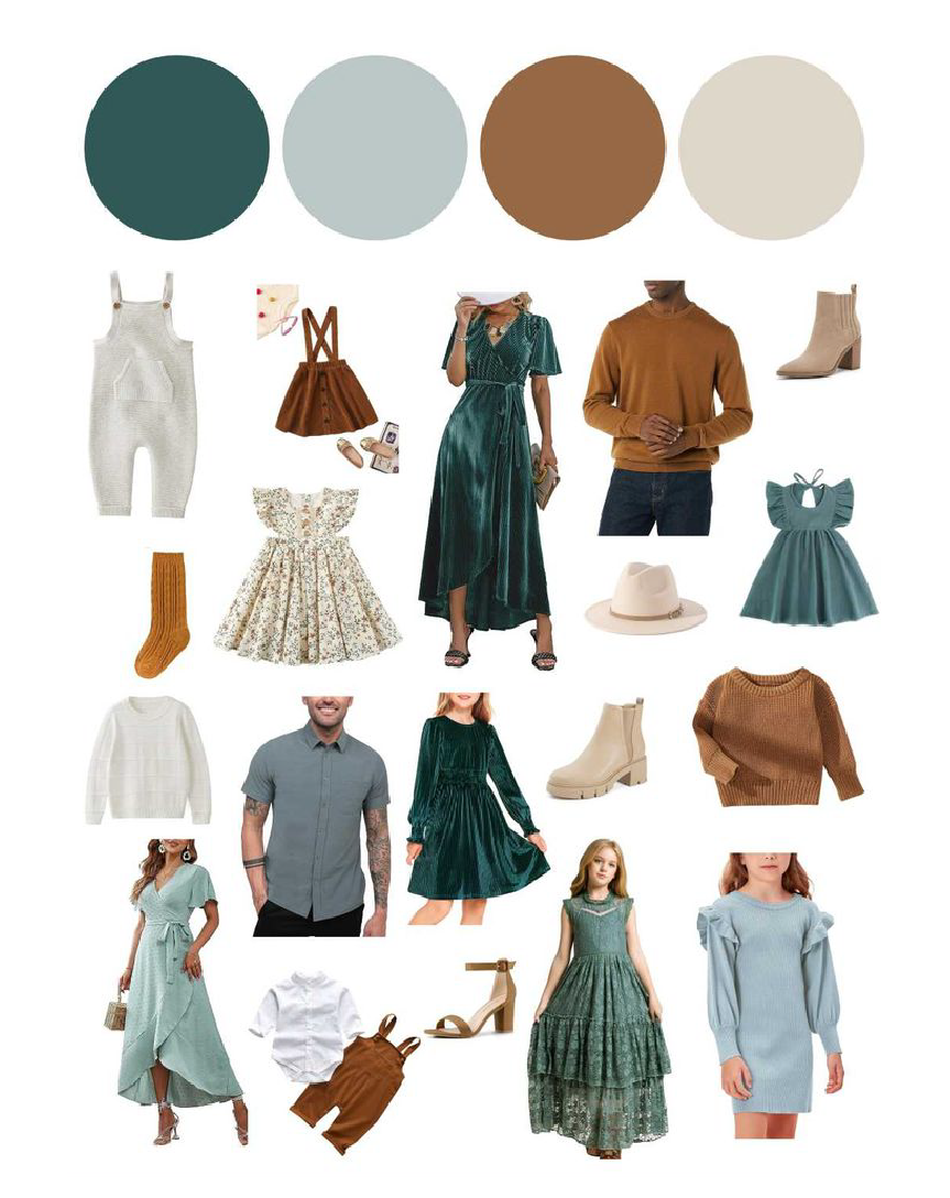 Family photo outfit color palette in soft mint, pink and gray featuring coordinated dresses, pants and accessories.
