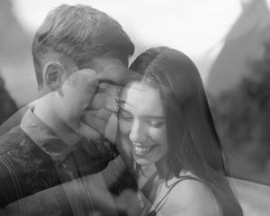A black and white photo montage showing intimate romantic moments between a couple in soft focus.