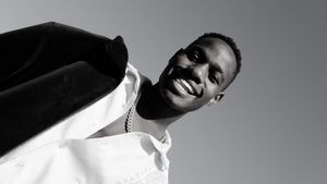 Black and white portrait shots showing different angles and expressions.
