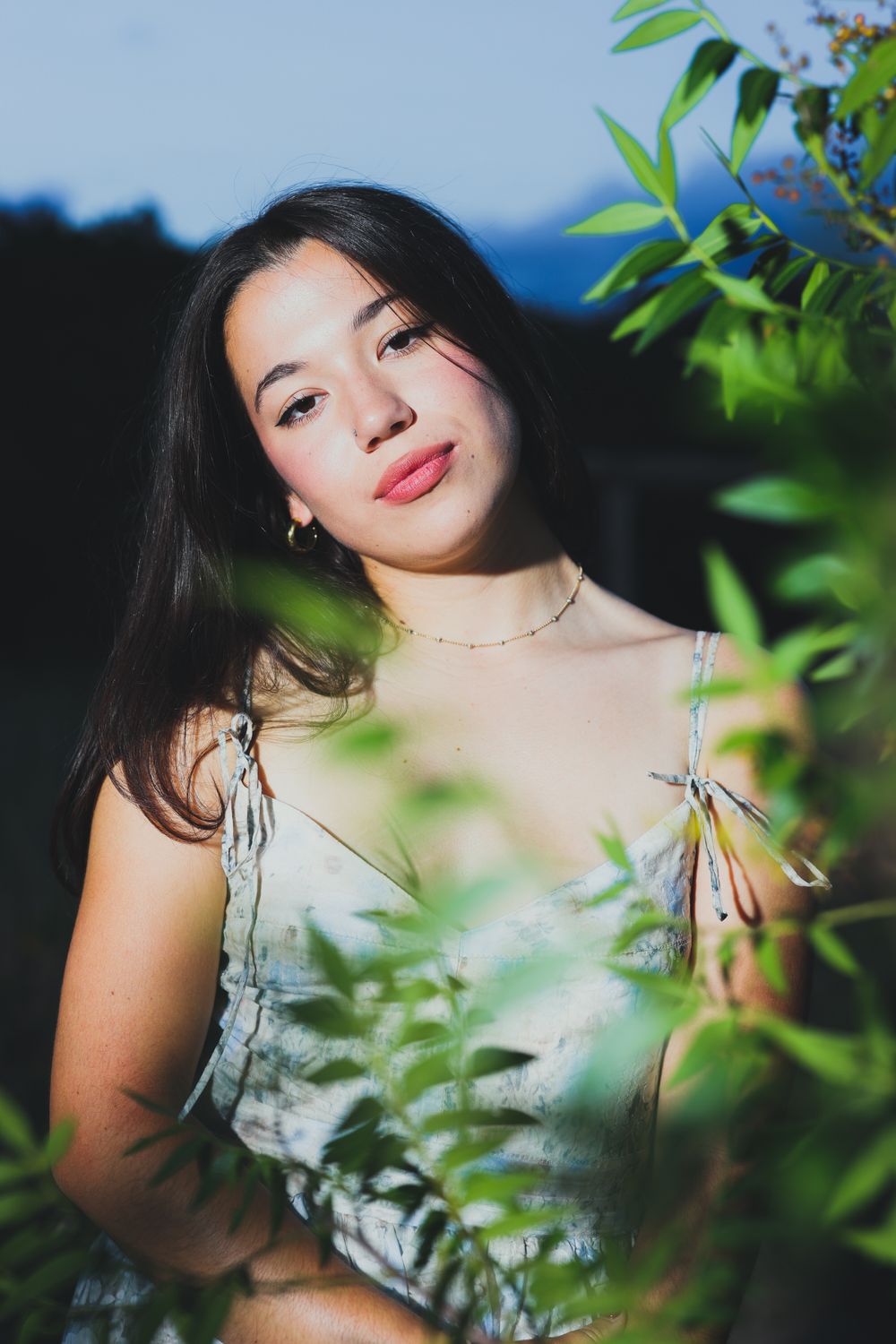 Senior Portrait A portrait through green foliage against a dark background with natural sunlight.
