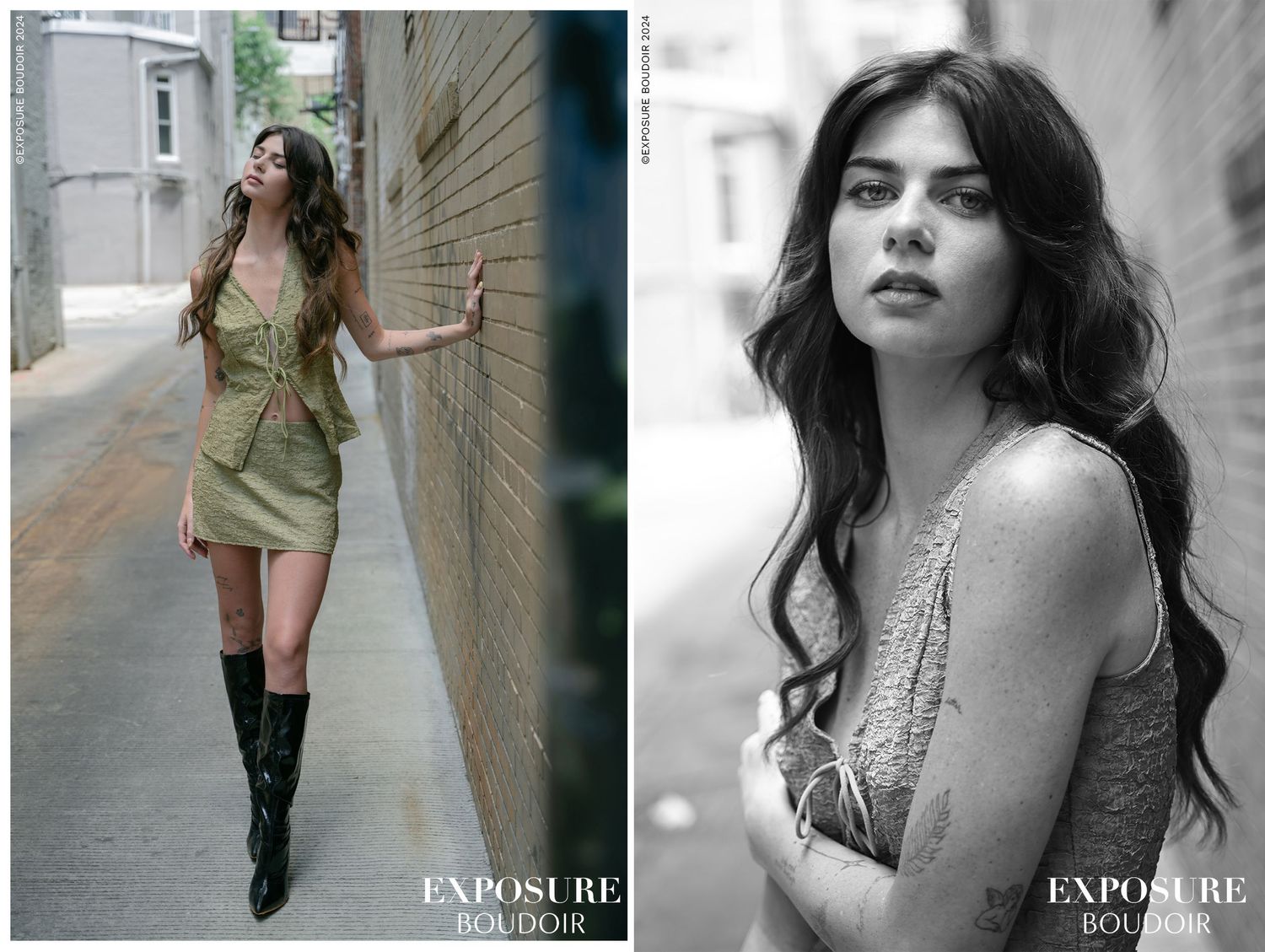 Black and white and color fashion photos feature a model posing in urban settings wearing casual and elegant attire.