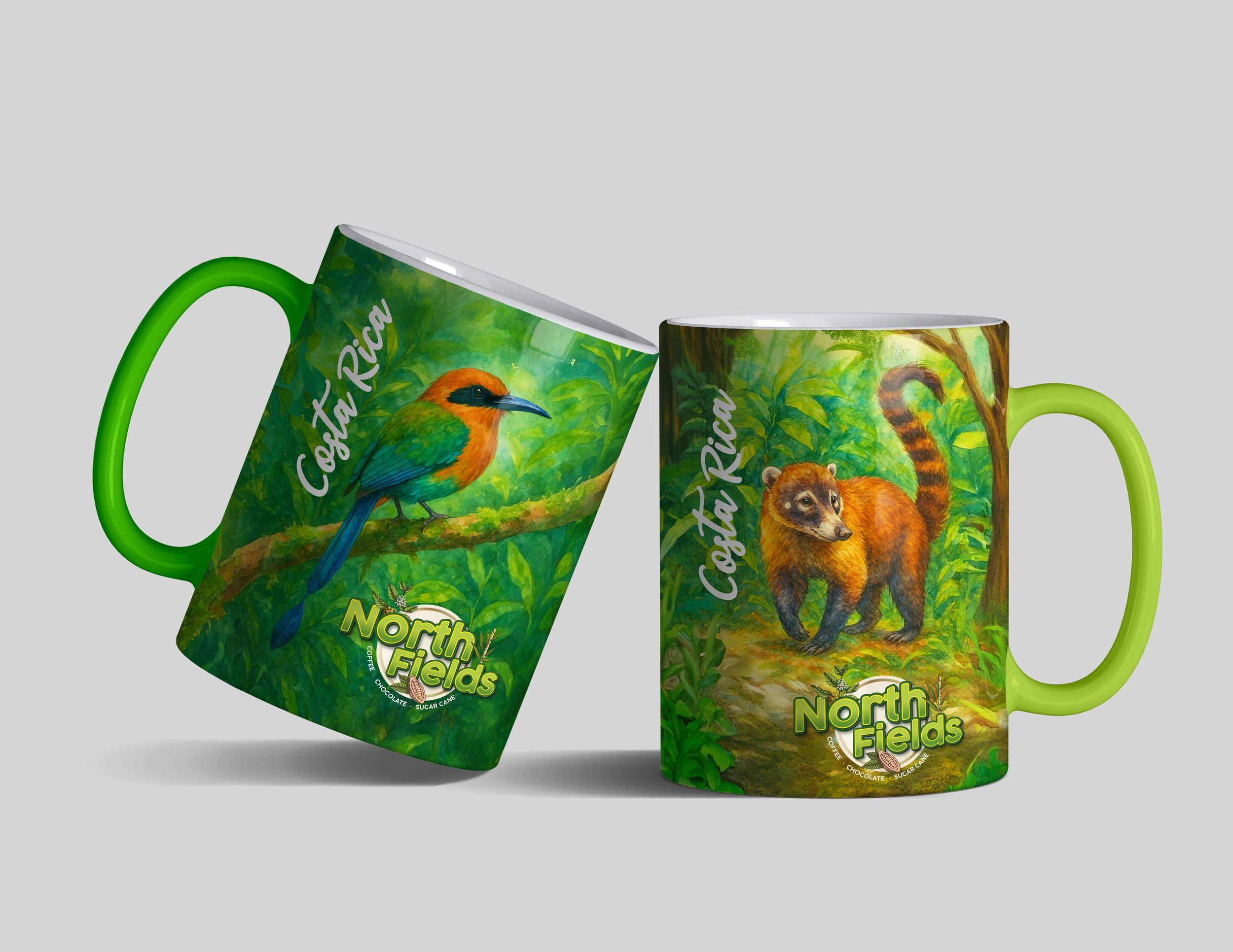 Two vibrant green coffee mugs featuring jungle-themed artwork and wildlife illustrations.