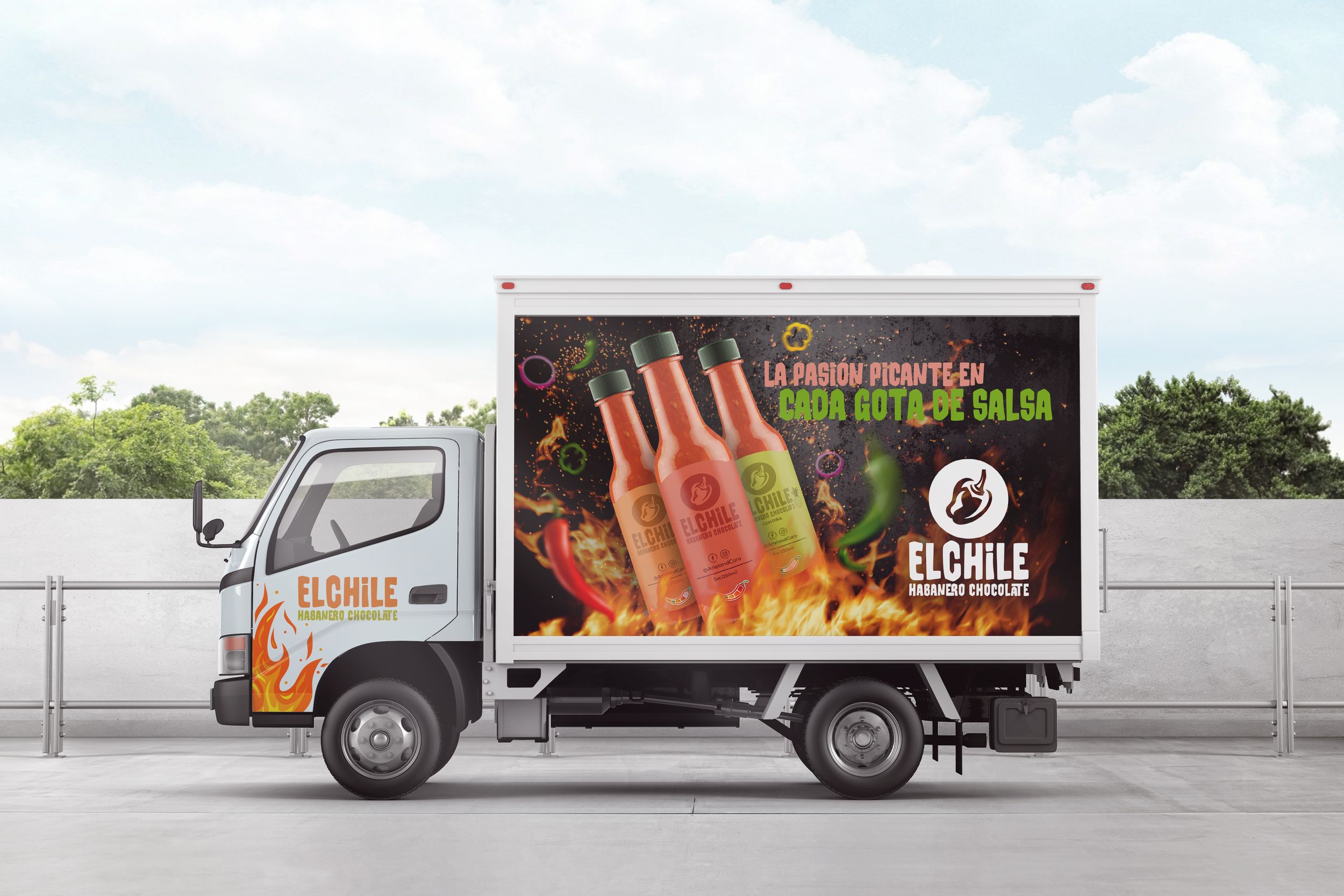 Delivery truck mockup with colorful food advertisement on side panel parked on street.