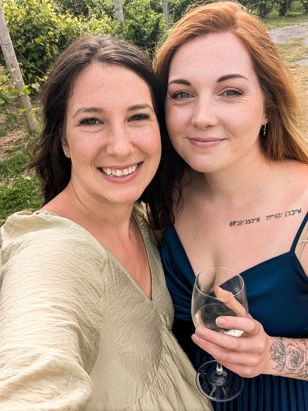 Two people pose together outdoors in a series of selfie photos with trees and greenery in the background.