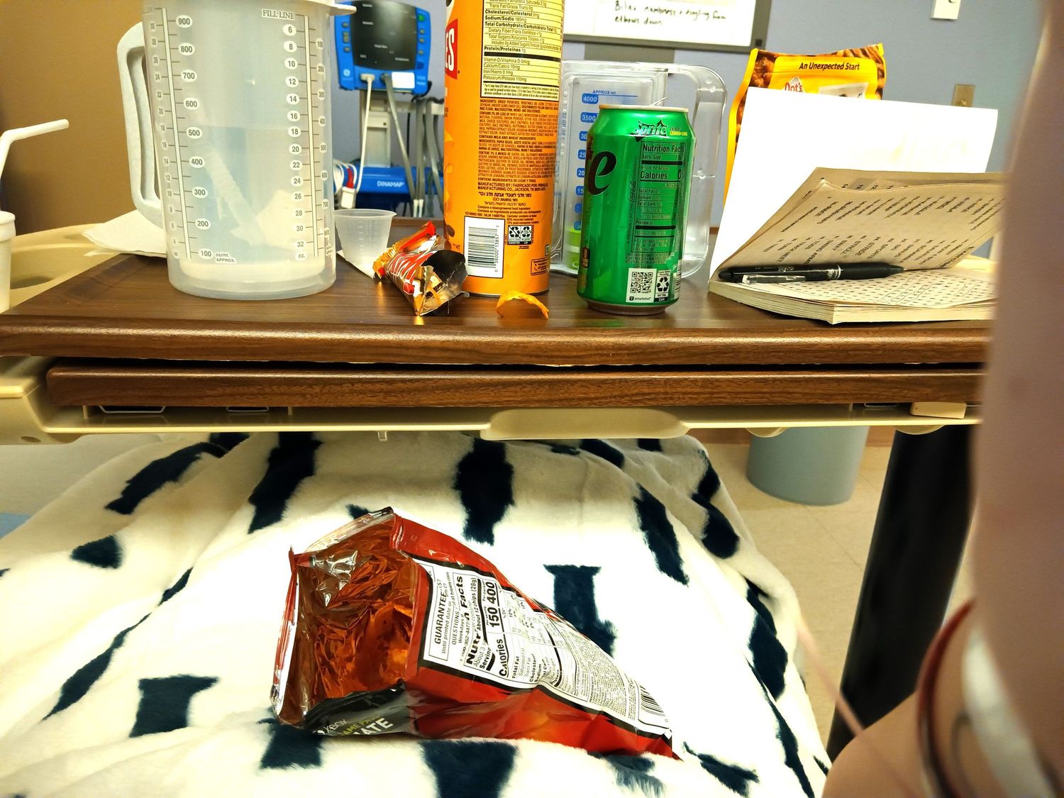 Medical supplies and equipment on a counter surface.